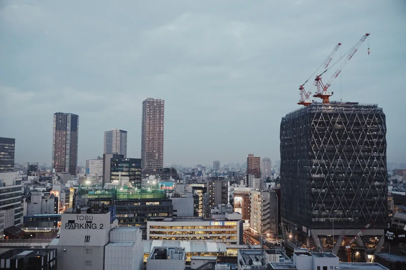 City skyline with construction cranes under grey sky