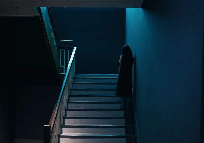 Figure on a stairwell landing painted deep teal