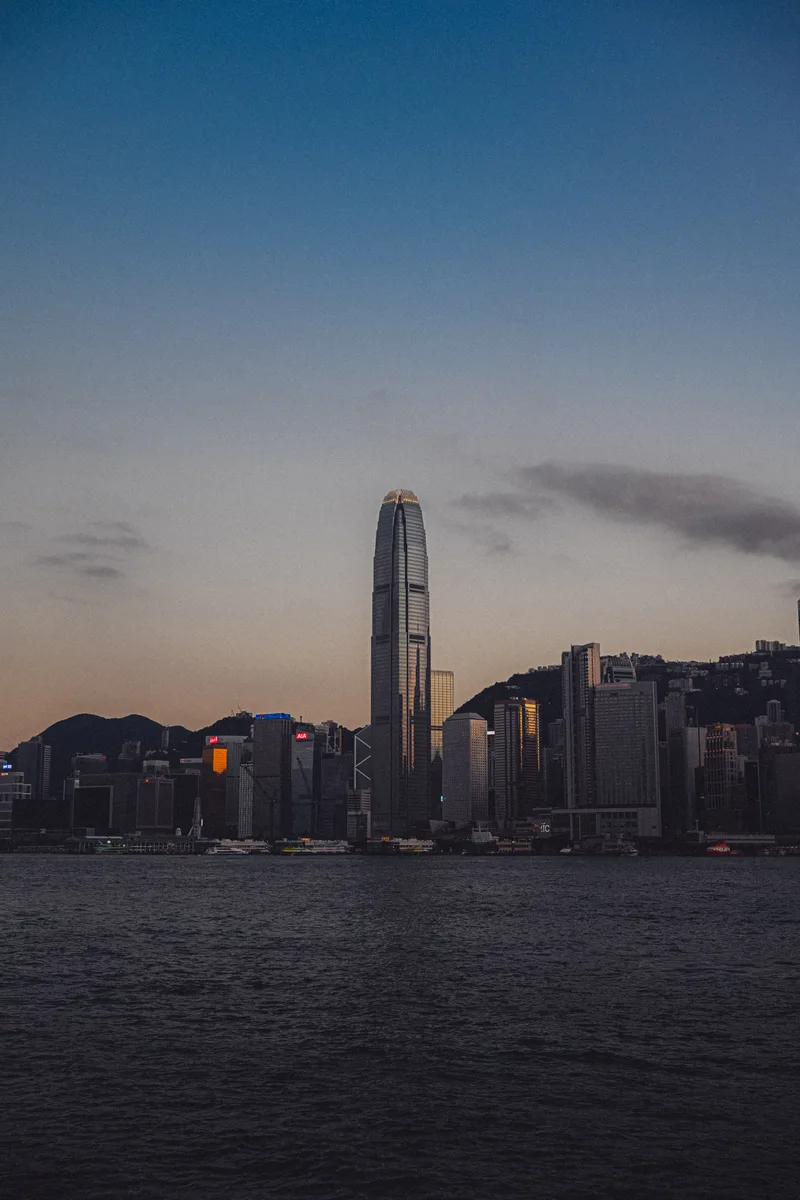 Harbour skyline at dusk seen across still water